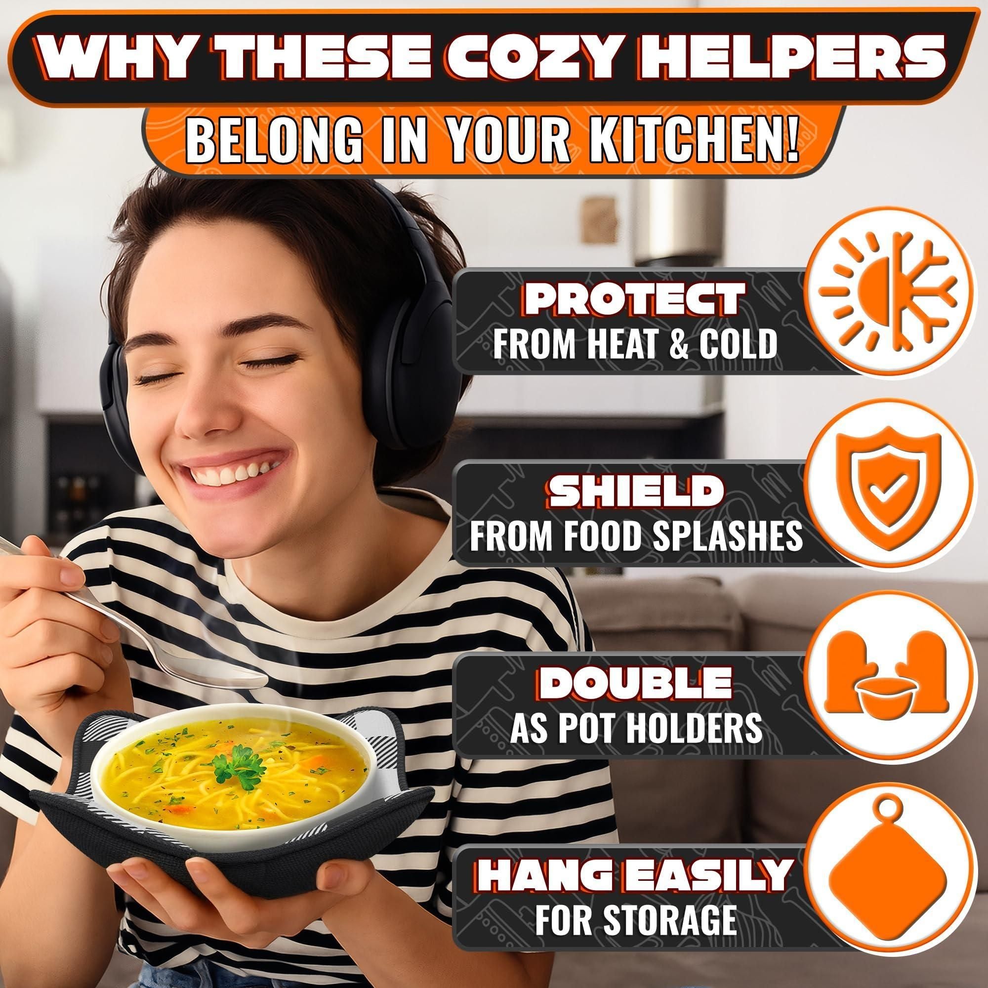 4 Piece Microwave Bowl Holder Set 7.5 x7.5 inch Microwave Bowl Holders for Hot Food Black and White Checkered Fabric for Safe & Easy Handling Machine Washable - JM Variety Store