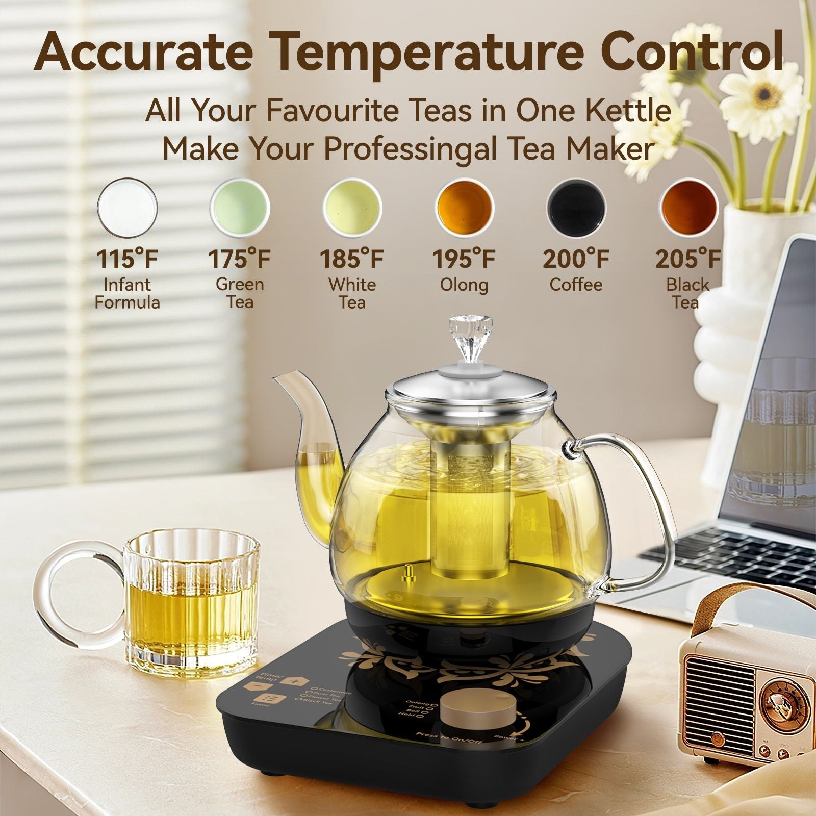 Electric Glass Kettle with Steaming and Brewing Modes Temperature and Timer Programs Cordless 800W 0.8L Capacity Perfect for Brewing Tea - JM Variety Store