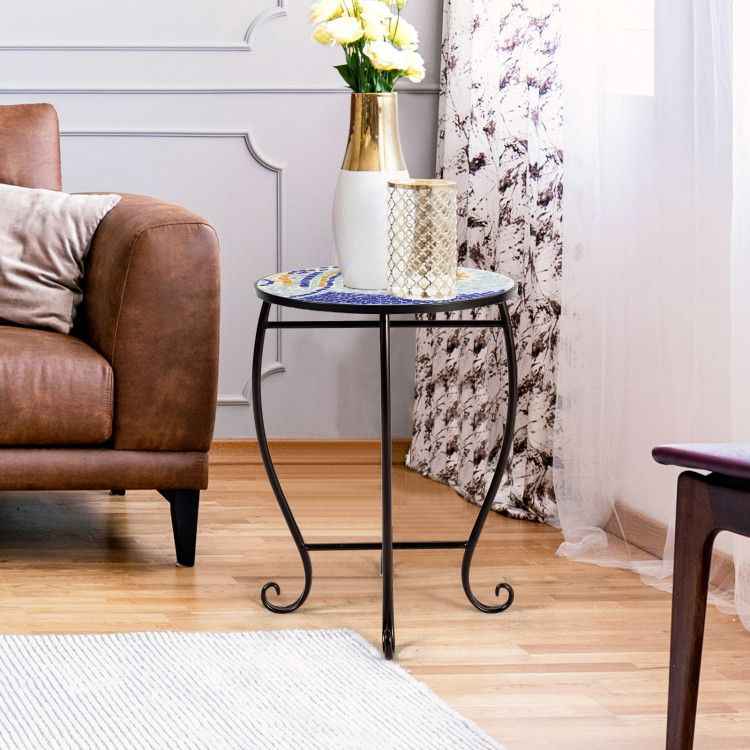 14 Inch Mosaic Round Side Table Plant Stand for Patio Lawn Garden