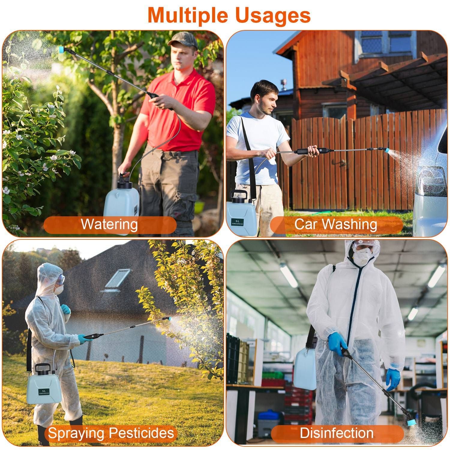 5L/1.3Gallon Electric Plant Sprayer Telescopic Rechargeable Garden Sprayer Automatic Handheld Sprayer with 3 Spray Spouts Shoulder Strap for Cleaning Sterilization - JM Variety Store