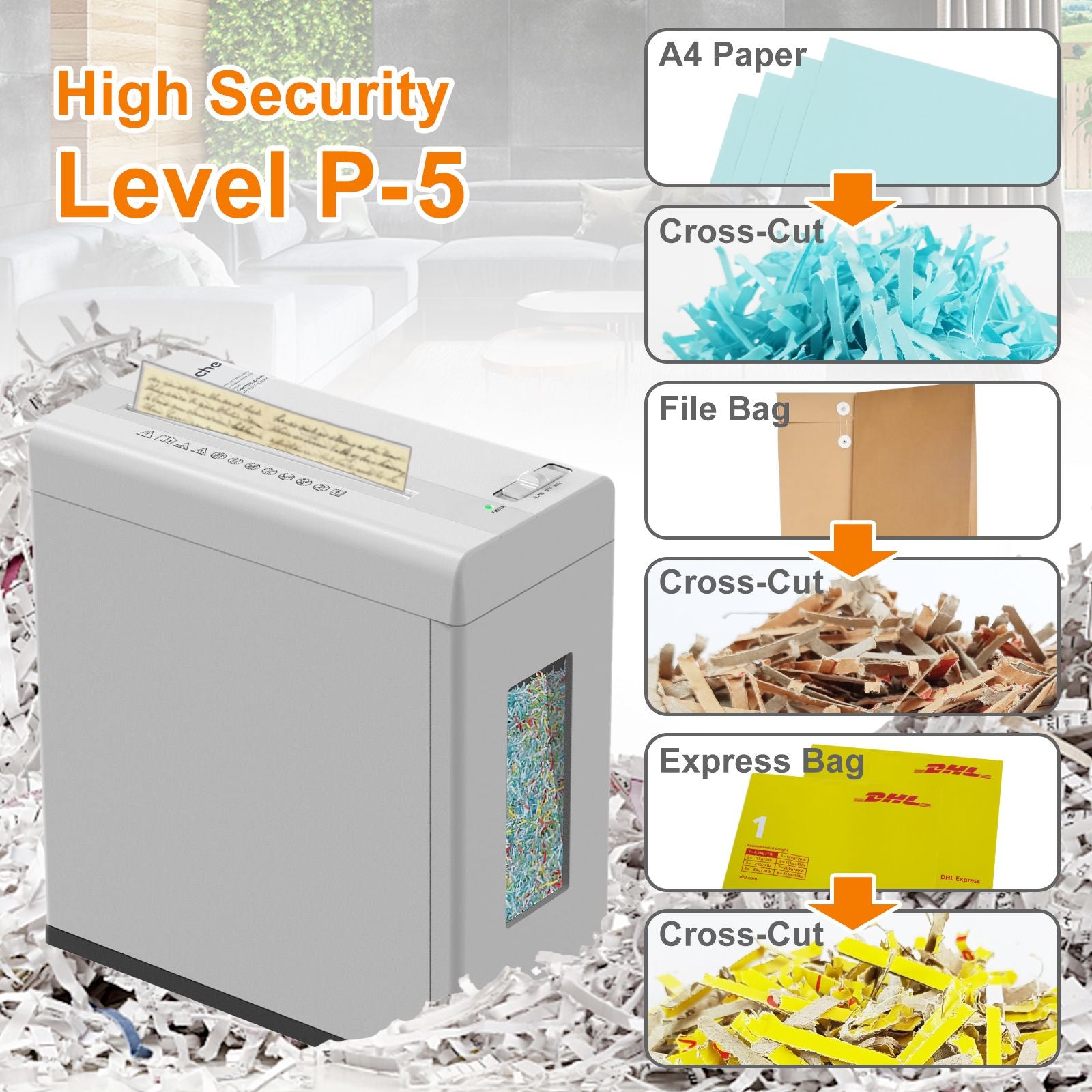 Paper Shredder, 5-Sheet Micro Cut with 2.65 Gallons Bin, P-5 High Security Level, 5 Munites Non-Stop Working Time, Compact Design Pull Out Basket with Jam Proof System for Home Office - JM Variety Store