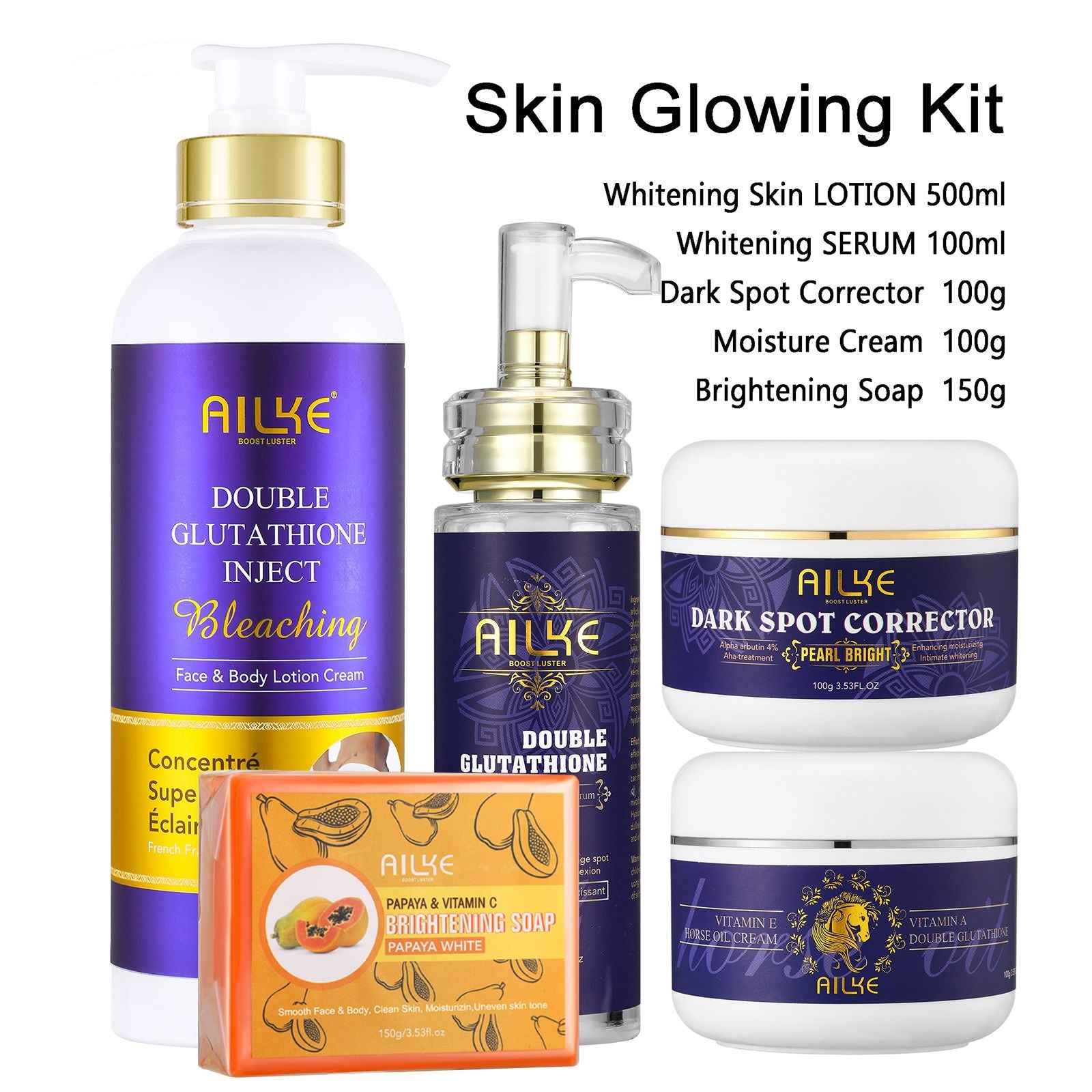 AILKE Glutathione 5-in-1 Women Skin Care Kit, With Body Lotion, Serum, Dark Spot Removal Cream, Body Cream, Brightening Soap