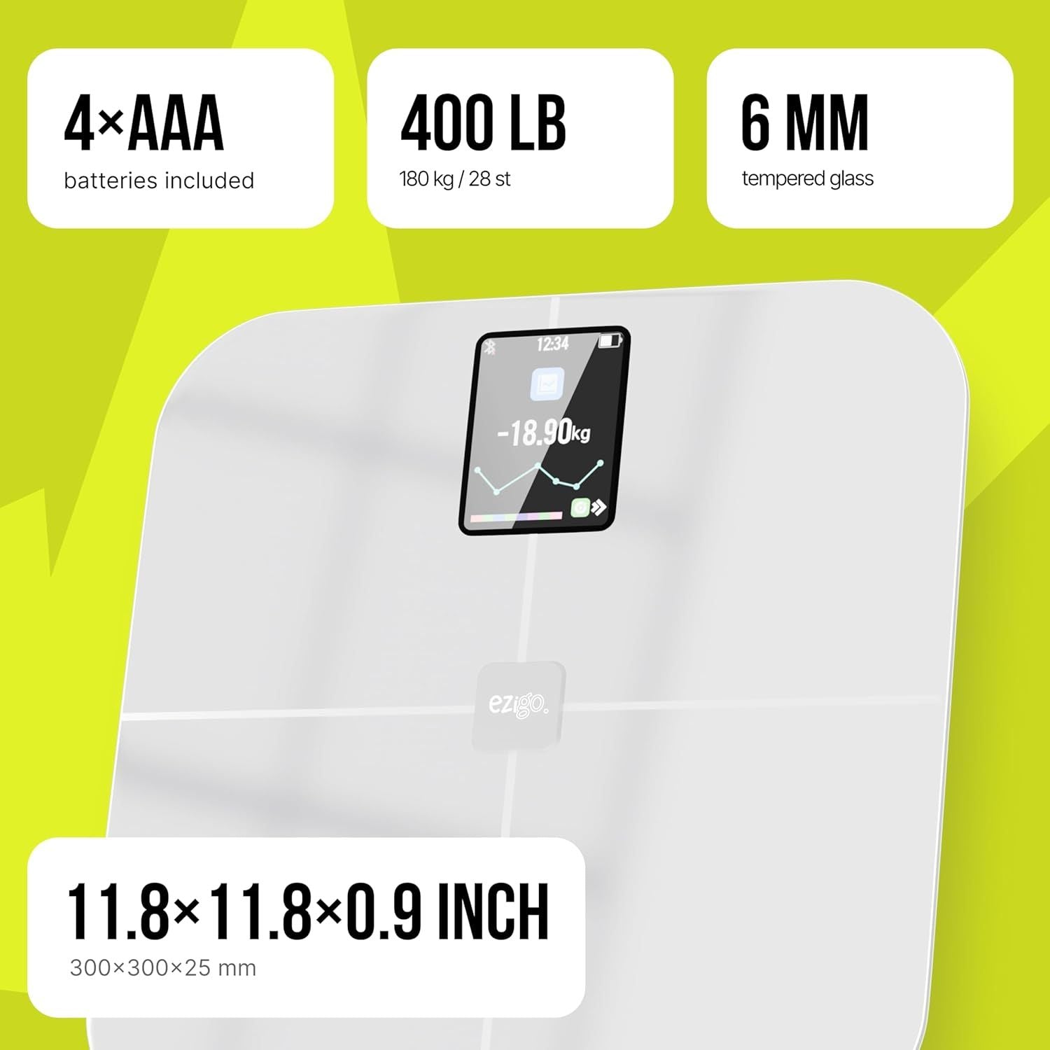 25 Metrics EziGo White Digital Bathroom Smart Scale with BMI, Body Fat, Muscle Mass, Bluetooth, Apple Health Compatible Scales, Digital Weight Composition Scale & Body Fat Mass, Up to 400lb/180 kg - JM Variety Store