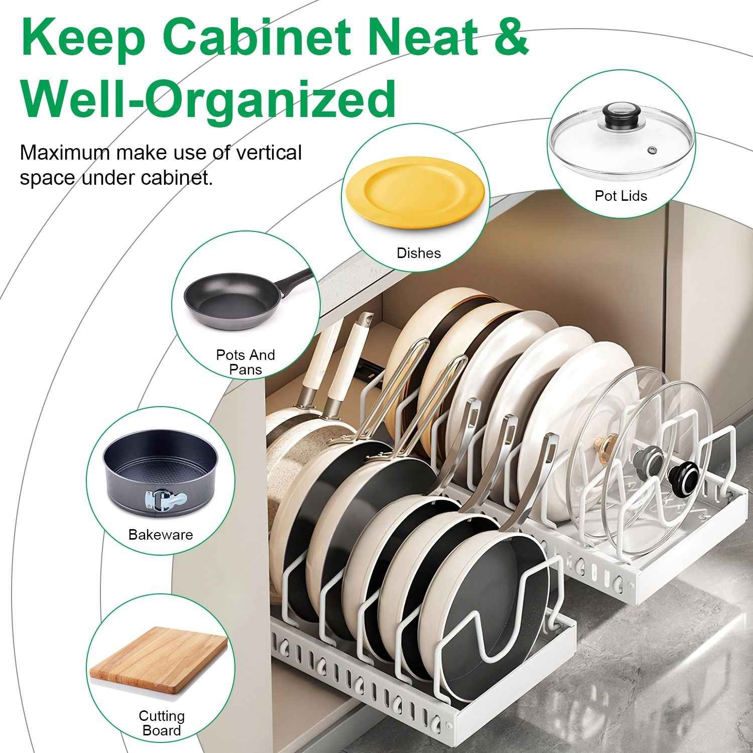 Pull Out Pots And Pans Organizer Under Cabinet With 8 Adjustable Dividers Rustproof Carbon Steel Sliding Pots Holder For Kitchen Cookware Bakeware Pots Lids Storage