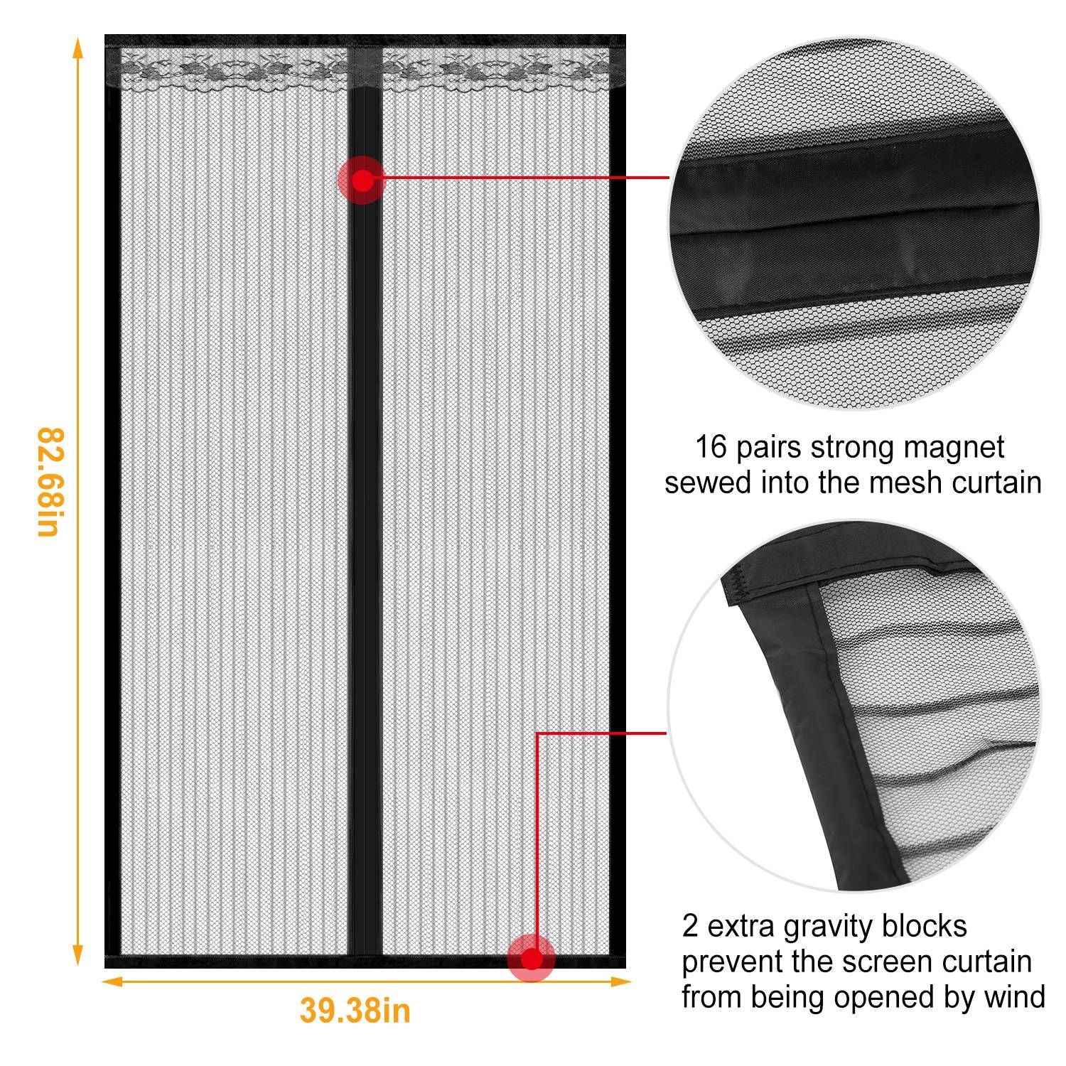 Magnetic Mesh Curtain Hands-free Fly Mesh Door Curtain 39x82' Self-adhesive Door Screen Anti Mosquito Bugs