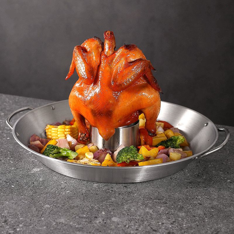 1pc Stainless Steel Round Roasting Pan; Chicken Roaster Rack Holder; 12.4inch/31.5cm; Thanksgiving Gift; Dishwasher Safe - JM Variety Store