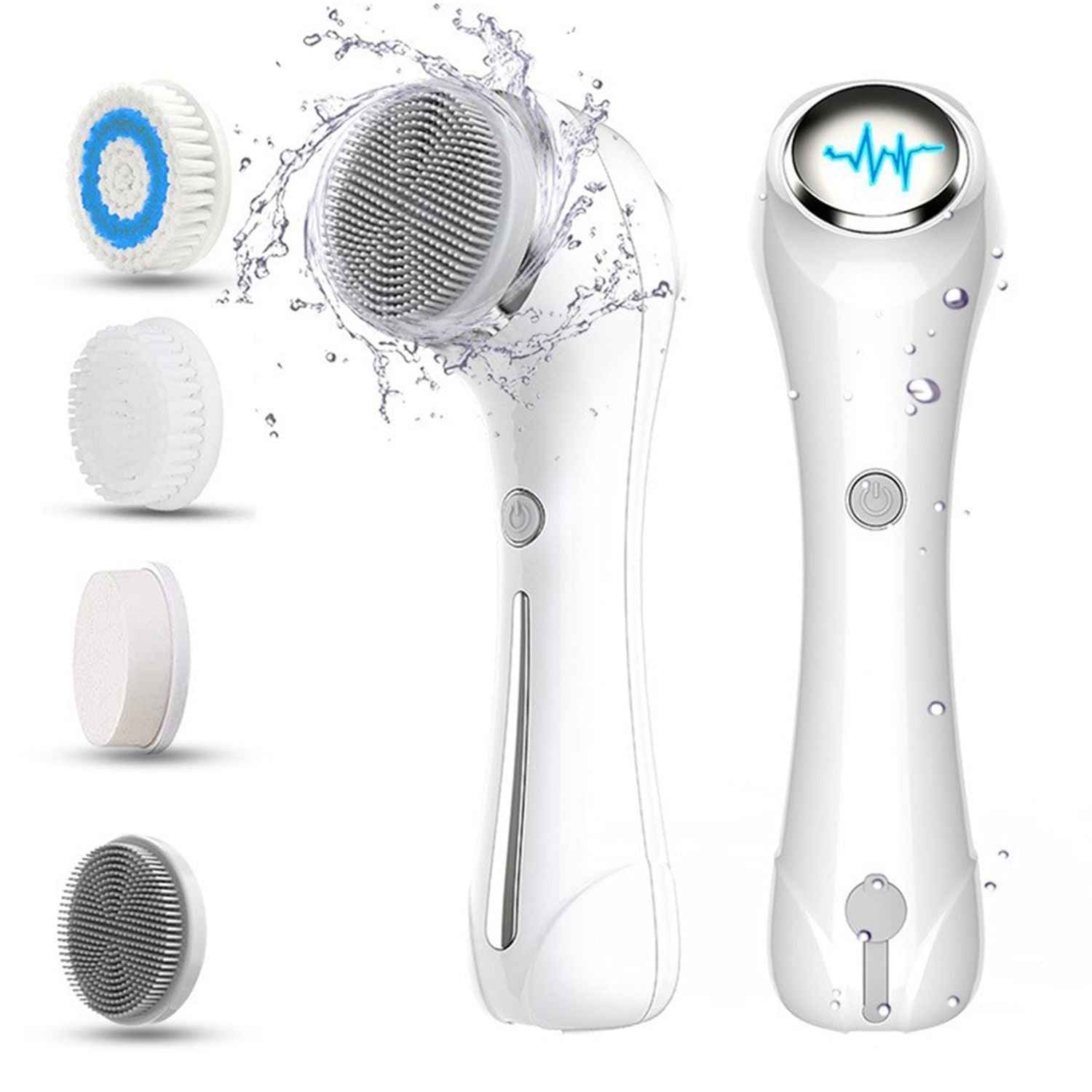 Facial Cleansing Brush, Brush for Exfoliating, IPX7 Waterproof 3 in 1 for Massaging, Deep Cleansing Rechargeable with 4 Brush Head Replacements, White