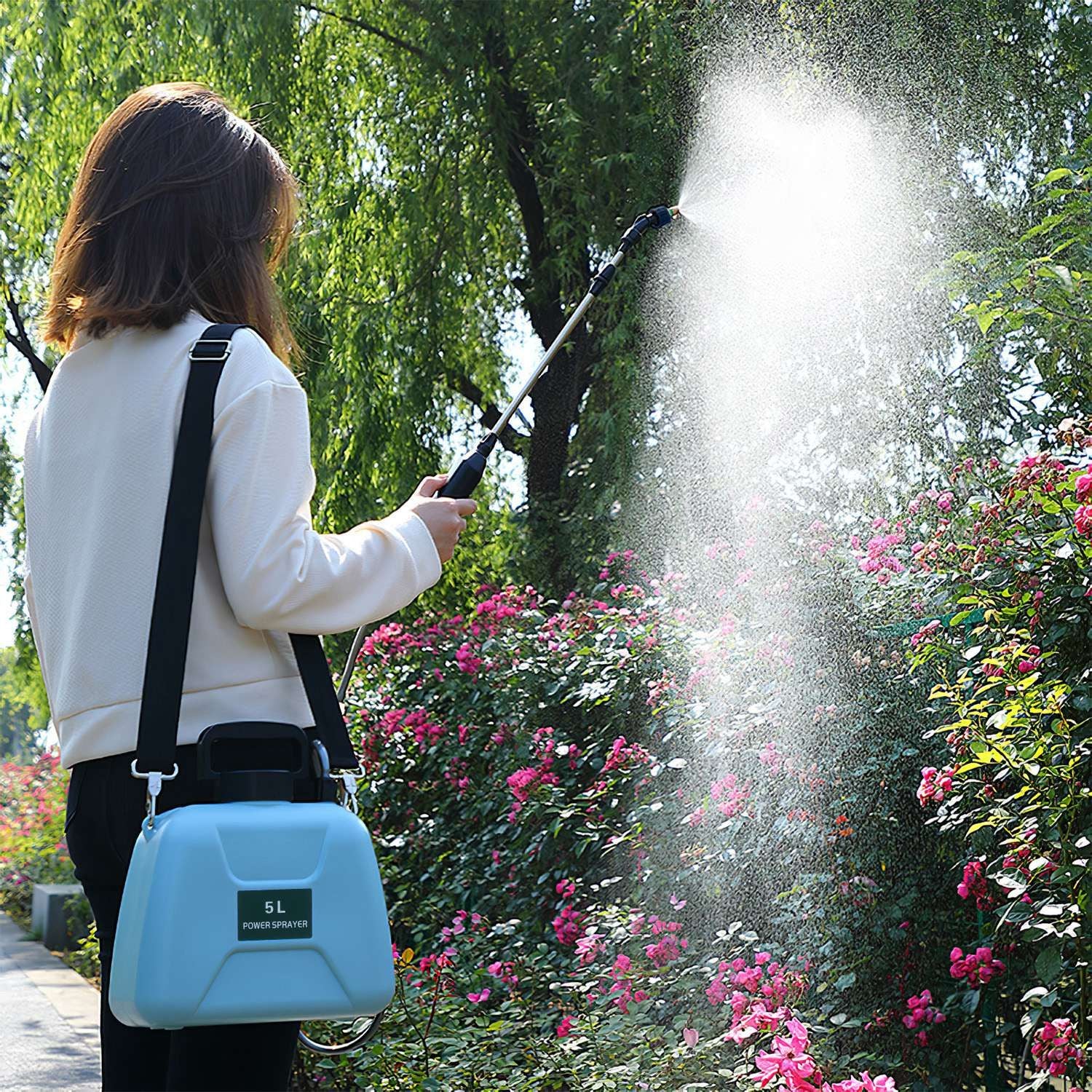 5L/1.3Gallon Electric Plant Sprayer Telescopic Rechargeable Garden Sprayer Automatic Handheld Sprayer with 3 Spray Spouts Shoulder Strap for Cleaning Sterilization - JM Variety Store