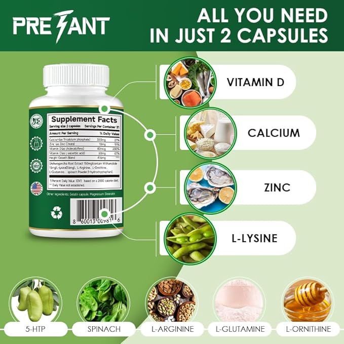PRETANT-Growth Capsules to Grow Taller - Height Increase Maximizer with Calcium for Bone Strength -Natural Get Taller Supplement - Dietary Edible Healthcare Fitness - JM Variety Store