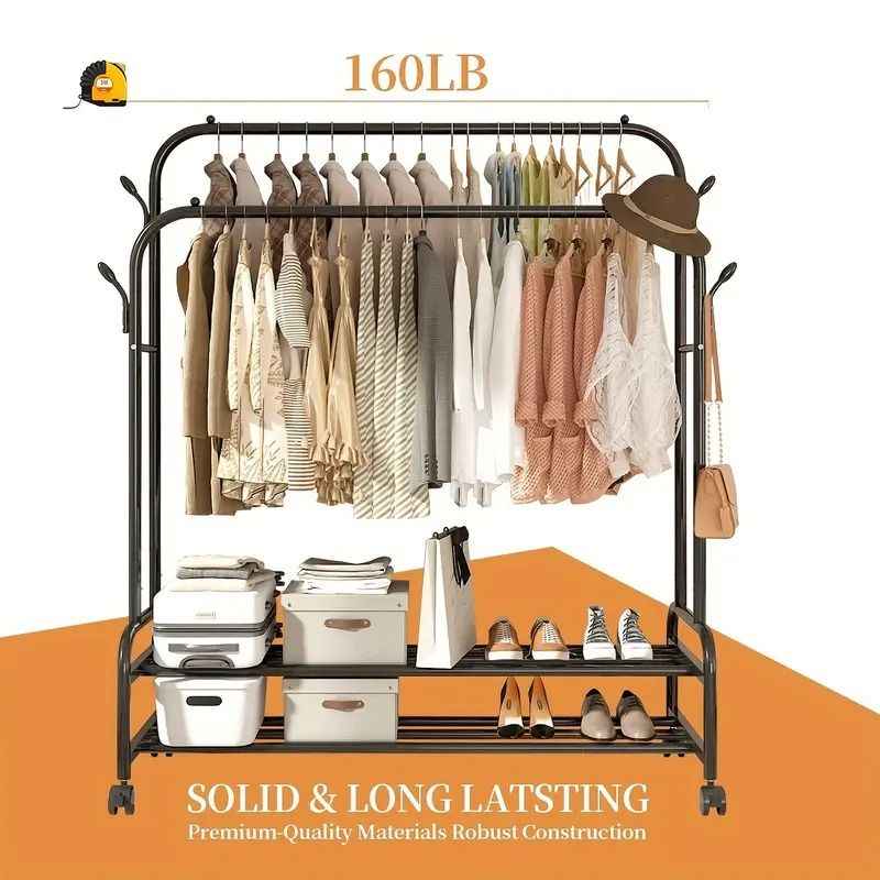 Heavy-Duty Rolling Metal Garment Rack with Dual Bars - Portable Clothes Hanger w/Shelves - Hooks, Multi-Functional Wardrobe Organizer for Bedroom/Laundry,