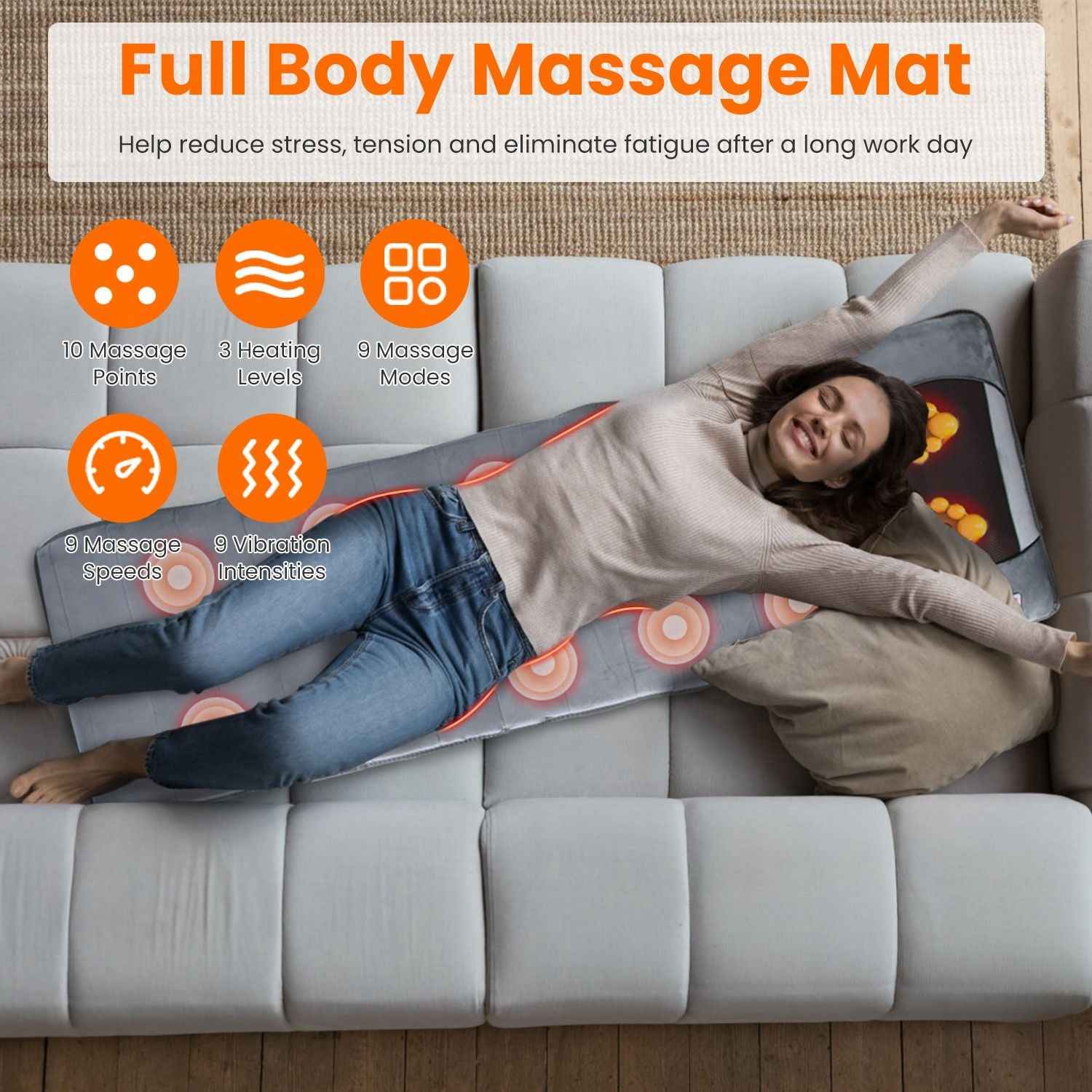 Full Body Electric Massage Mat with Heat Vibration Massage Pad Cushion Back Massage Mattress Chair Pad with Neck Massage Pillow with 10 Vibration Motors Timer GPCT5081