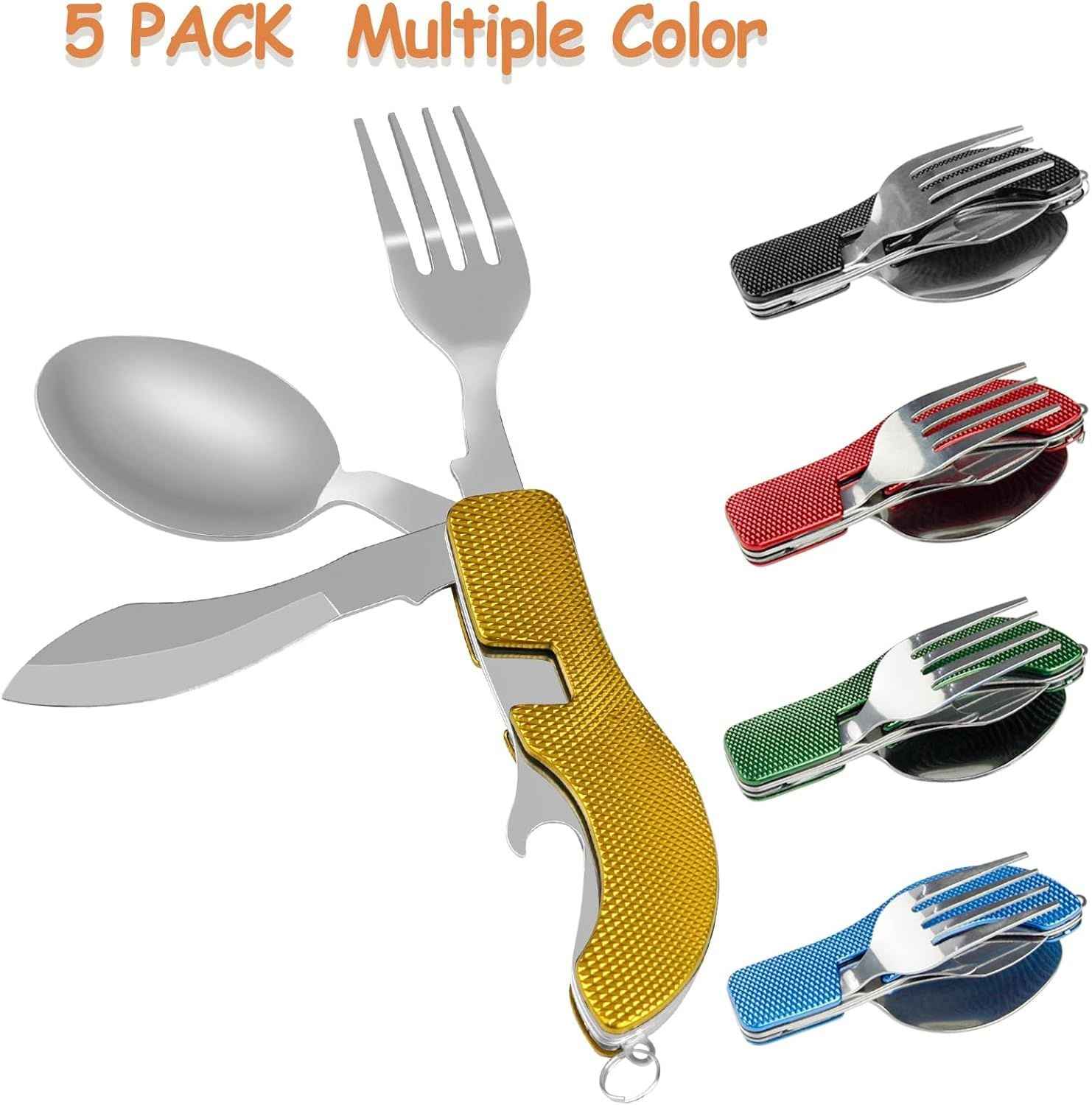 4-in-1 Portable Stainless Steel Cutlery with Fork, Spoon, Knife, and Bottle Opener - Lightweight, Detachable, and Durable Camping Silverware for Outdoor Events and Adventures