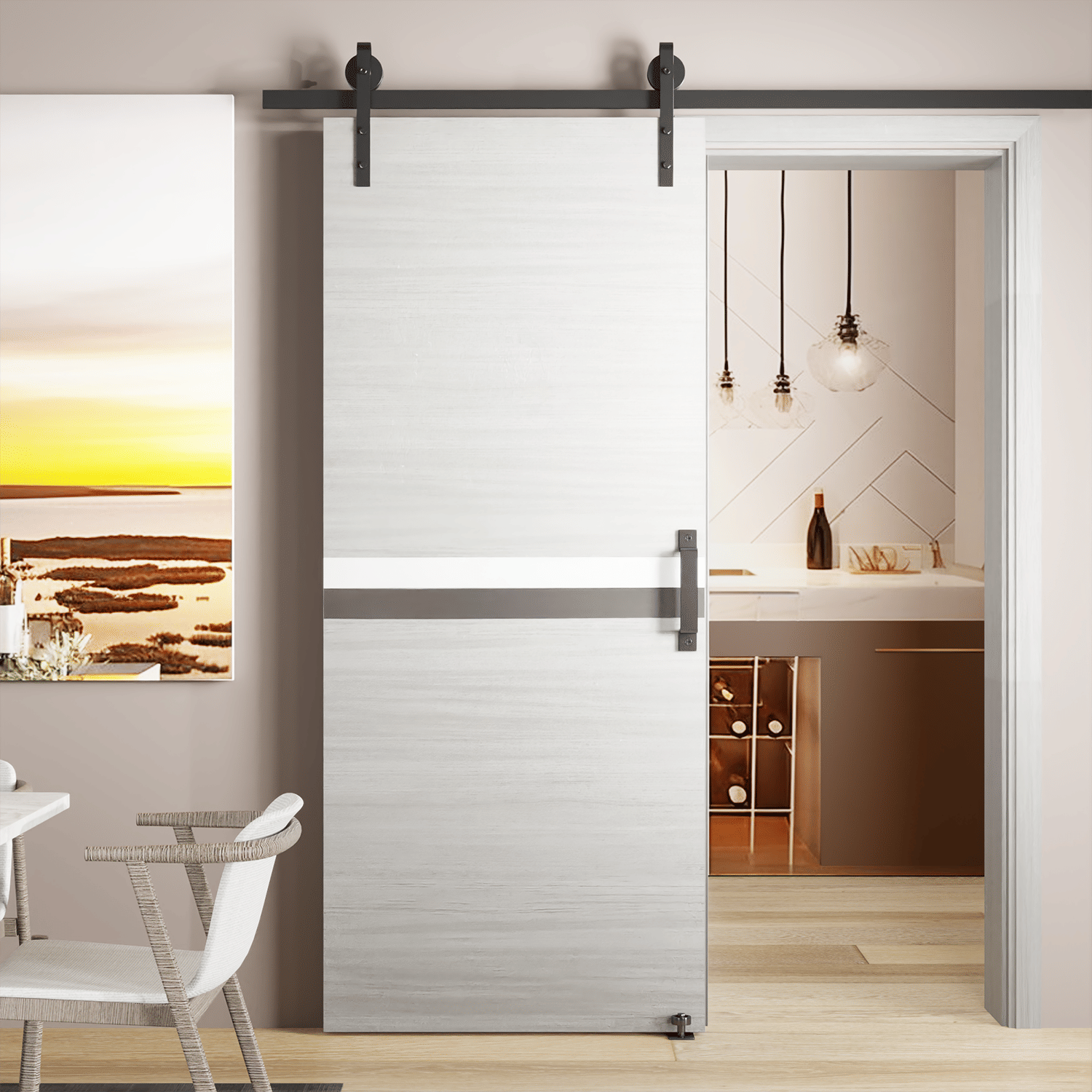CRAZY ELF 36" x 84" Melamine Integrated Door Slab + 6.6FT Sliding Track Kit + Adjustable Floor Guider + Pull Handle, Modern Interior Door panel, Protected By 2mm Thick Melamine Layer, Moisture-proof - JM Variety Store
