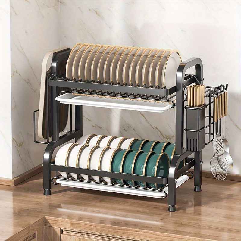IAGREEA Double deck kitchen cutlery drying rack, 27-inch dish rack with interchangeable accessories, large kitchen plate rack counter organizer space saving, black