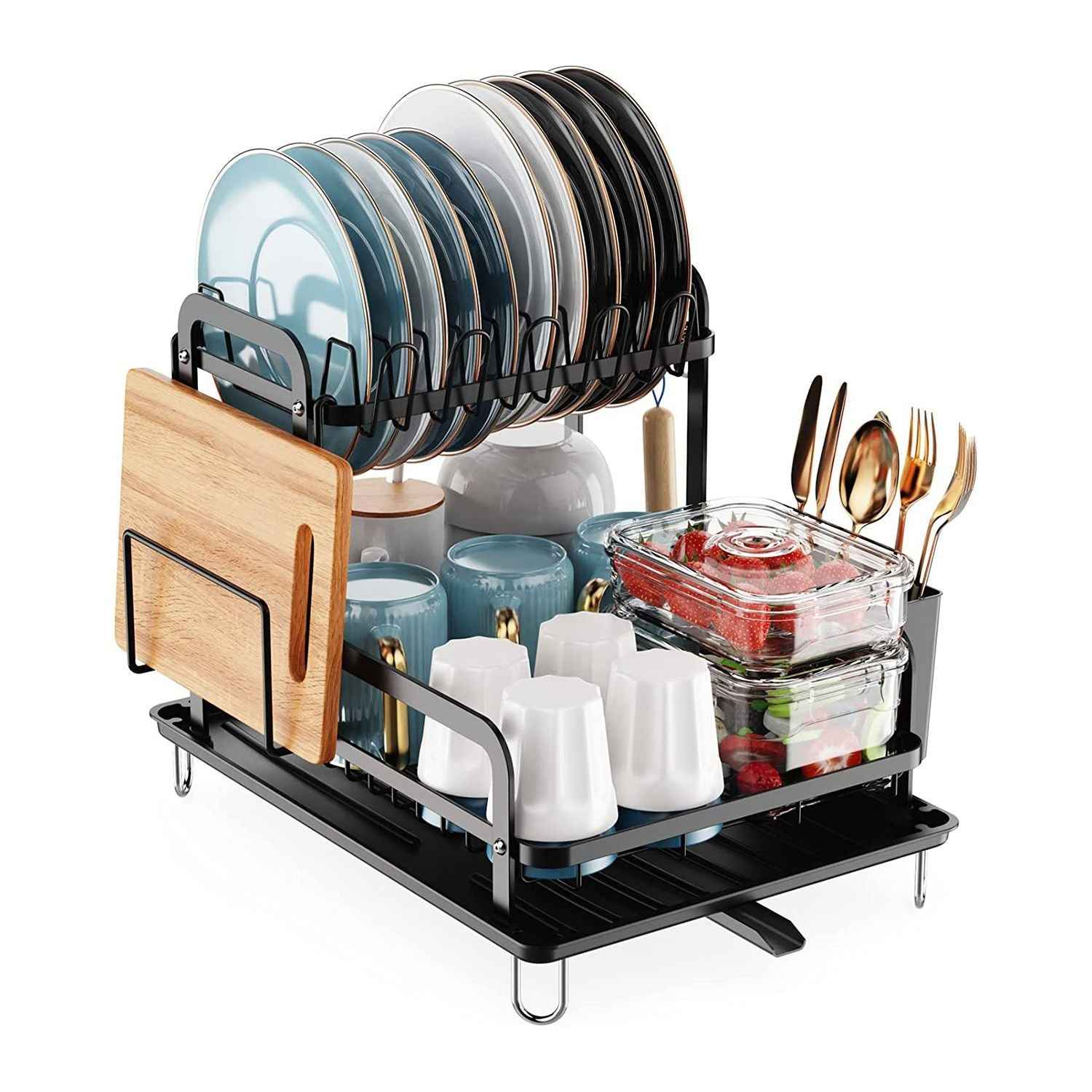 2-Tier Dish Drying Rack for Kitchen Counter Space Saving Rustproof Dish Rack with Drainboard Detachable Kitchen Drainer Organizer Set with Utensil Holder Bowl Rack Dish Rack Chopping Board Rack