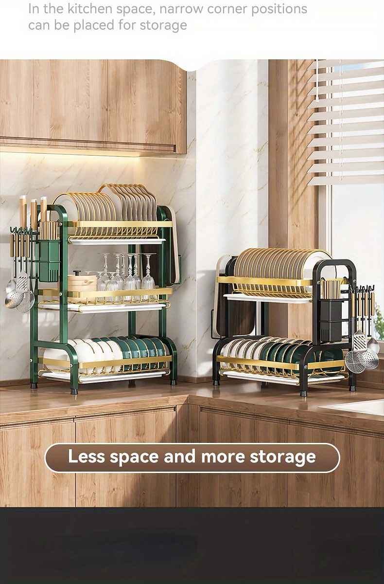 IAGREEA Double deck kitchen cutlery drying rack, 27-inch dish rack with interchangeable accessories, large kitchen plate rack counter organizer space saving, black