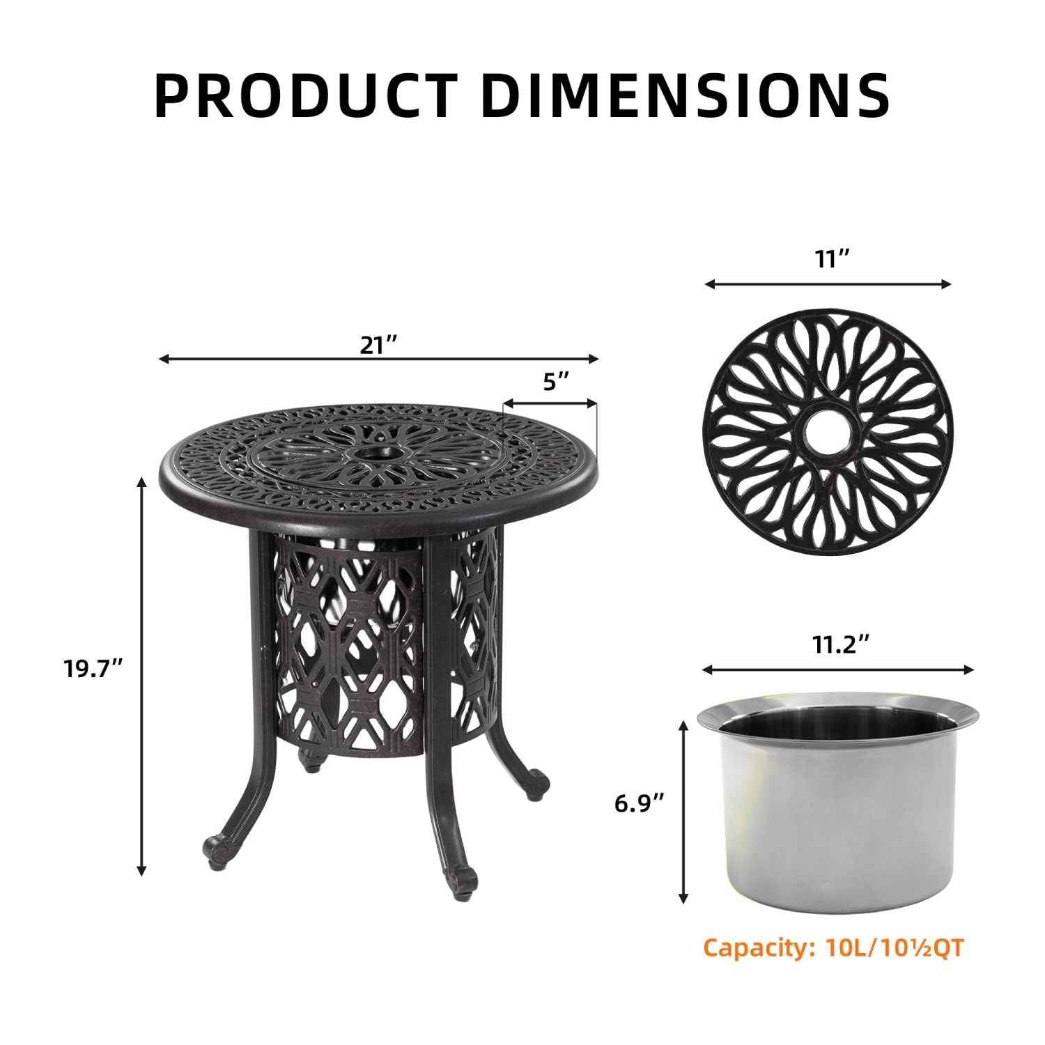 21" Side Table With Removable Ice Bucket- Rustproof Cast Aluminum Frame, Hand-Brushed Finish, Food-Grade 304 Stainless Steel Bucket - Perfect for Indoor & Outdoor, Patio, Balcony, and Poolside
