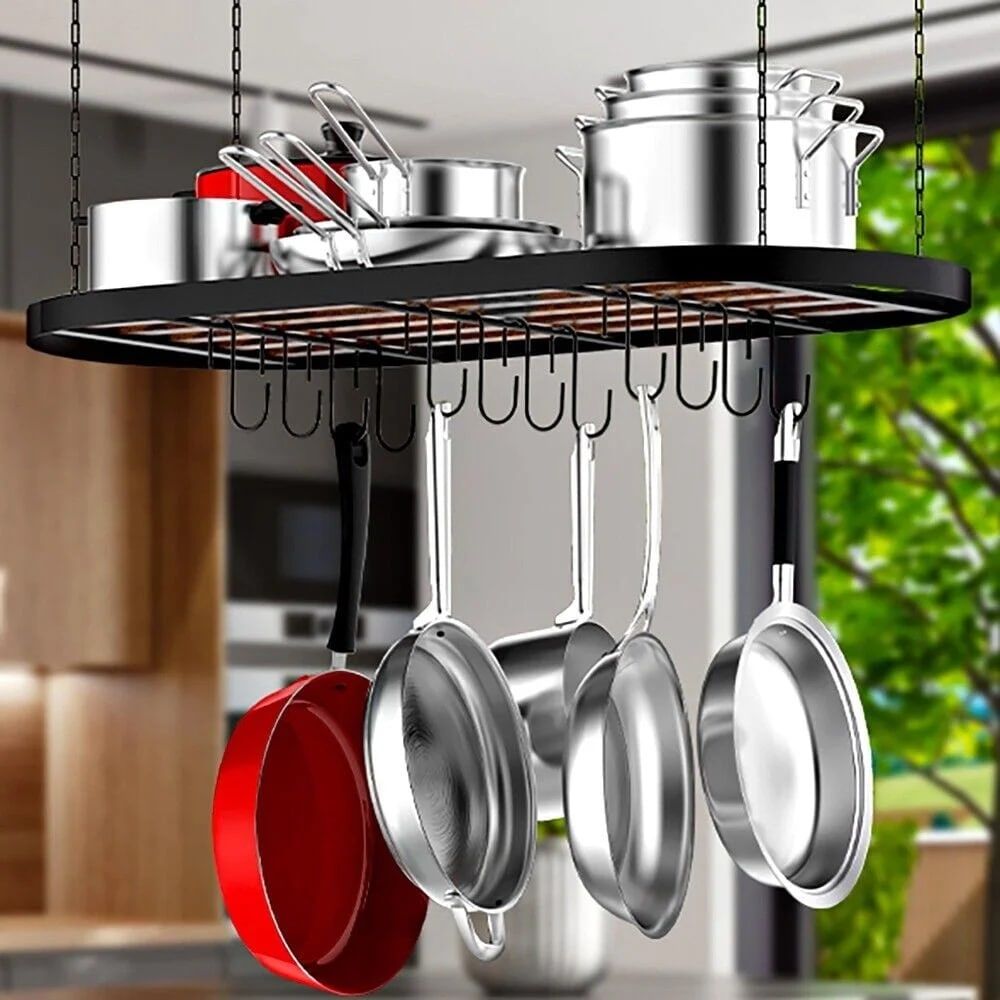 Hanging Pot Rack Ceiling Mount Cookware Organizer with 12pcs Hooks Pots and Pans Storage 33' Oval Pan Hangers for Kitchen,Easy Assembly, Black - JM Variety Store